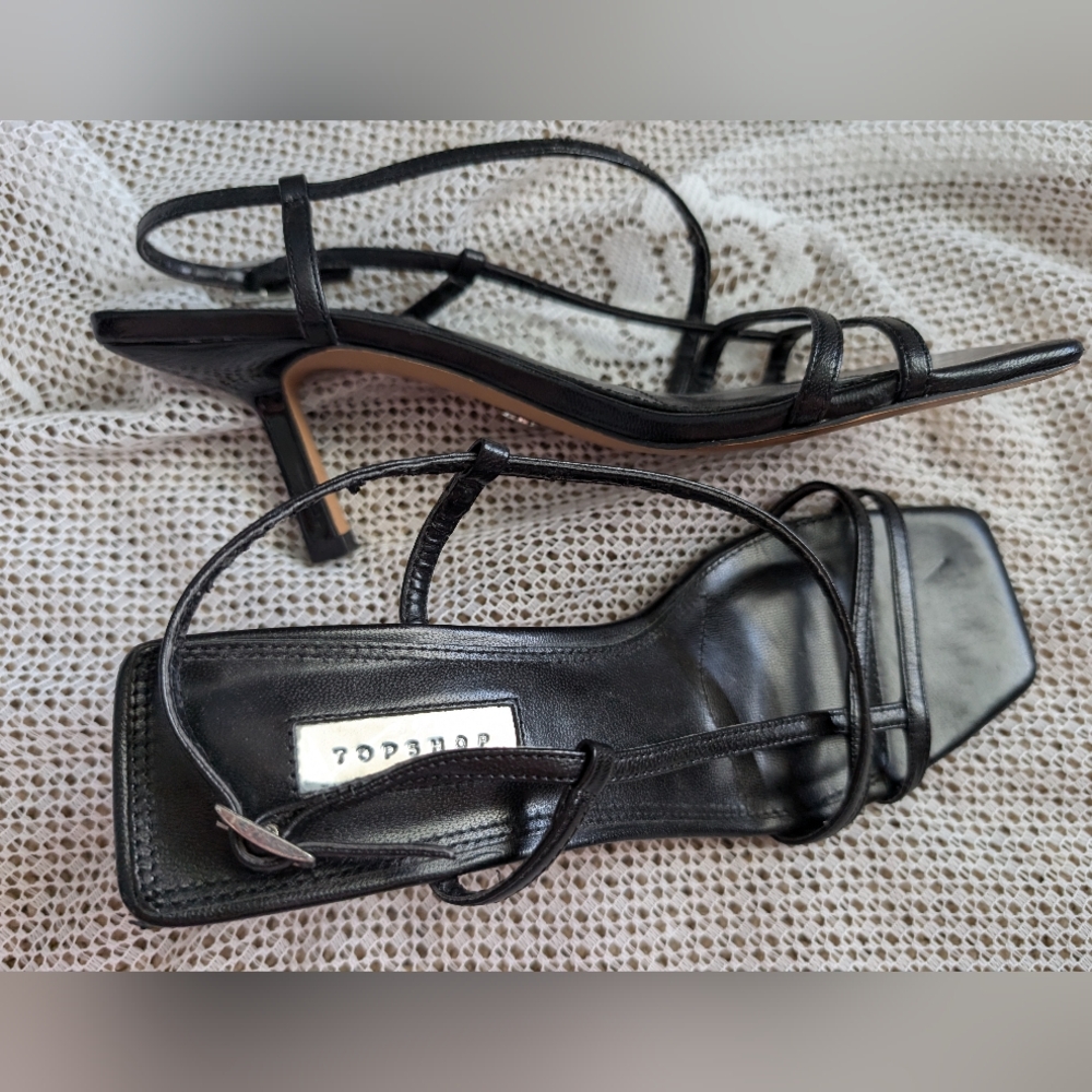 Topshop Strippy Squared Heeled Leather Sandals - Picture 3 of 4